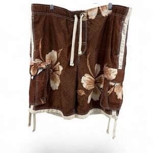 No Boundaries Mens M Brown Floral Hibiscus Cargo‎ Board Shorts Y2K Surf Beach